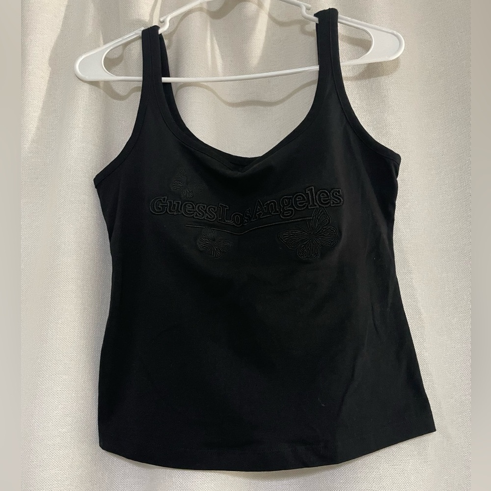 NWT Guess women Black logo Tank Top Squared Neck Sz M